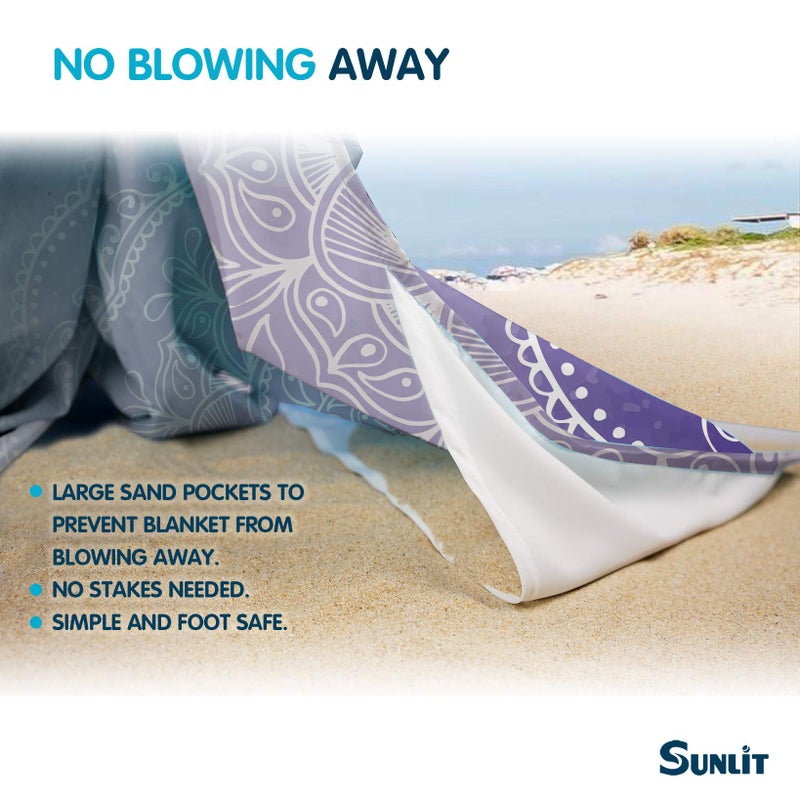Sunlit Silky Soft 85"x72" Boho Sand Proof Beach Blanket Sand Proof Mat with Corner Pockets and Mesh Bag for Beach Party, Travel, Camping and Outdoor Music Festival, Blue Purple Mandala - Image 4
